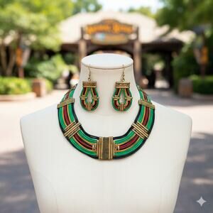 Vintage Alexis Kirk Bib Necklace Black Leather Cord Brass Egyptian Jewelry Sets